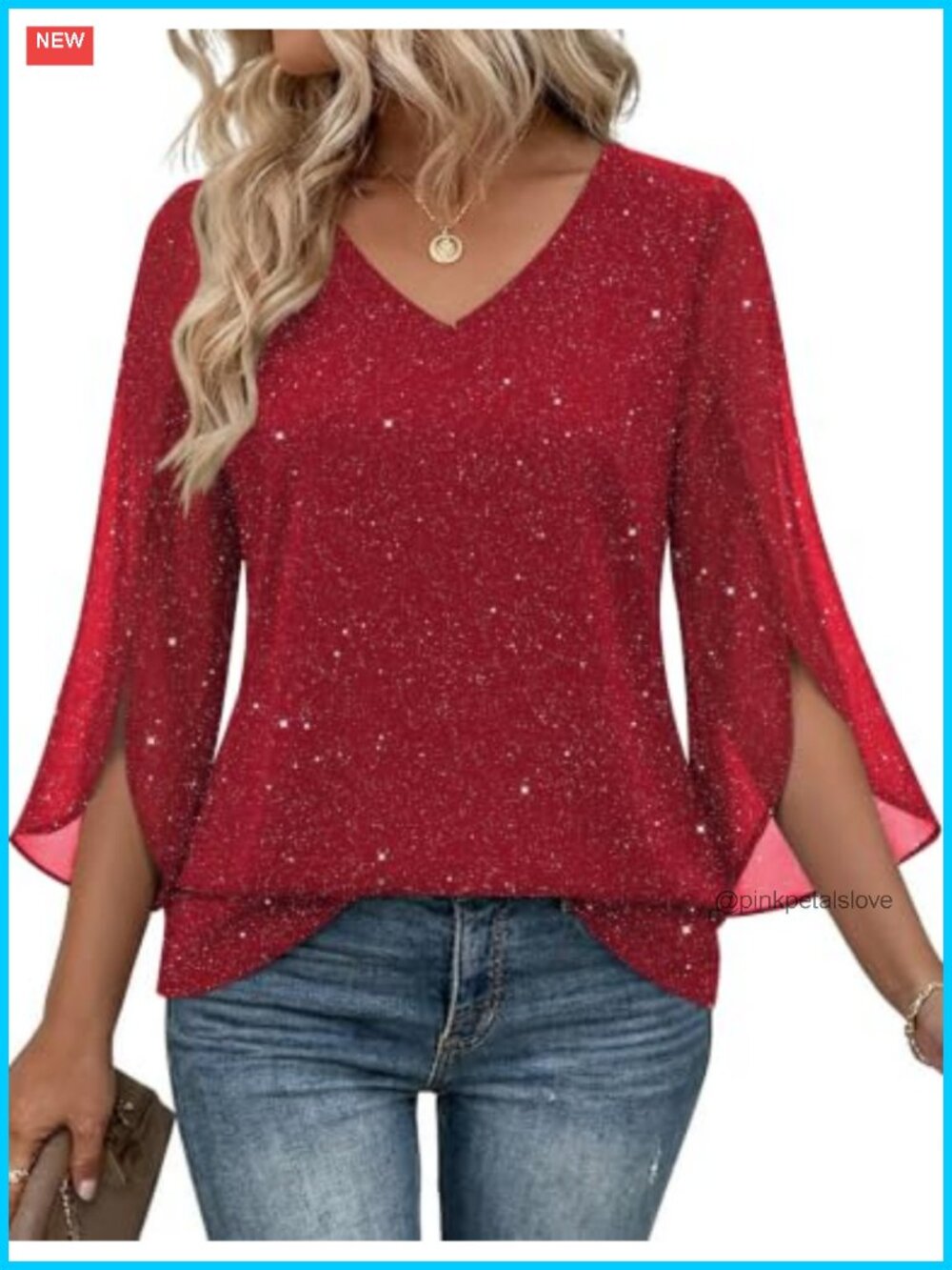 Zeagoo Women's Ruffle 3/4 Sleeve Sequin Tunic Top V Neck Double Layer Blouse